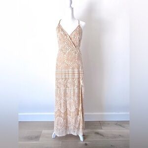 Lush Nude with Floral Lace Overlay V-Neck Sleeveless Maxi Dress Size Small